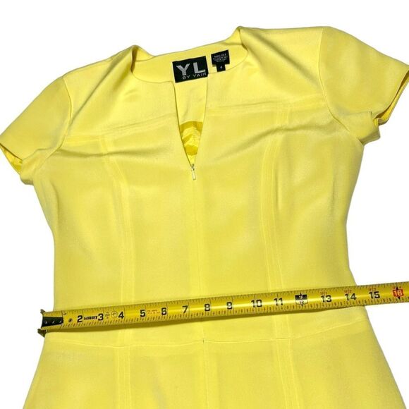 Vintage 100% Silk YL by Yair Yellow Mini Dress Short Sleeve Dress Vneck Zip Up - Picture 6 of 9